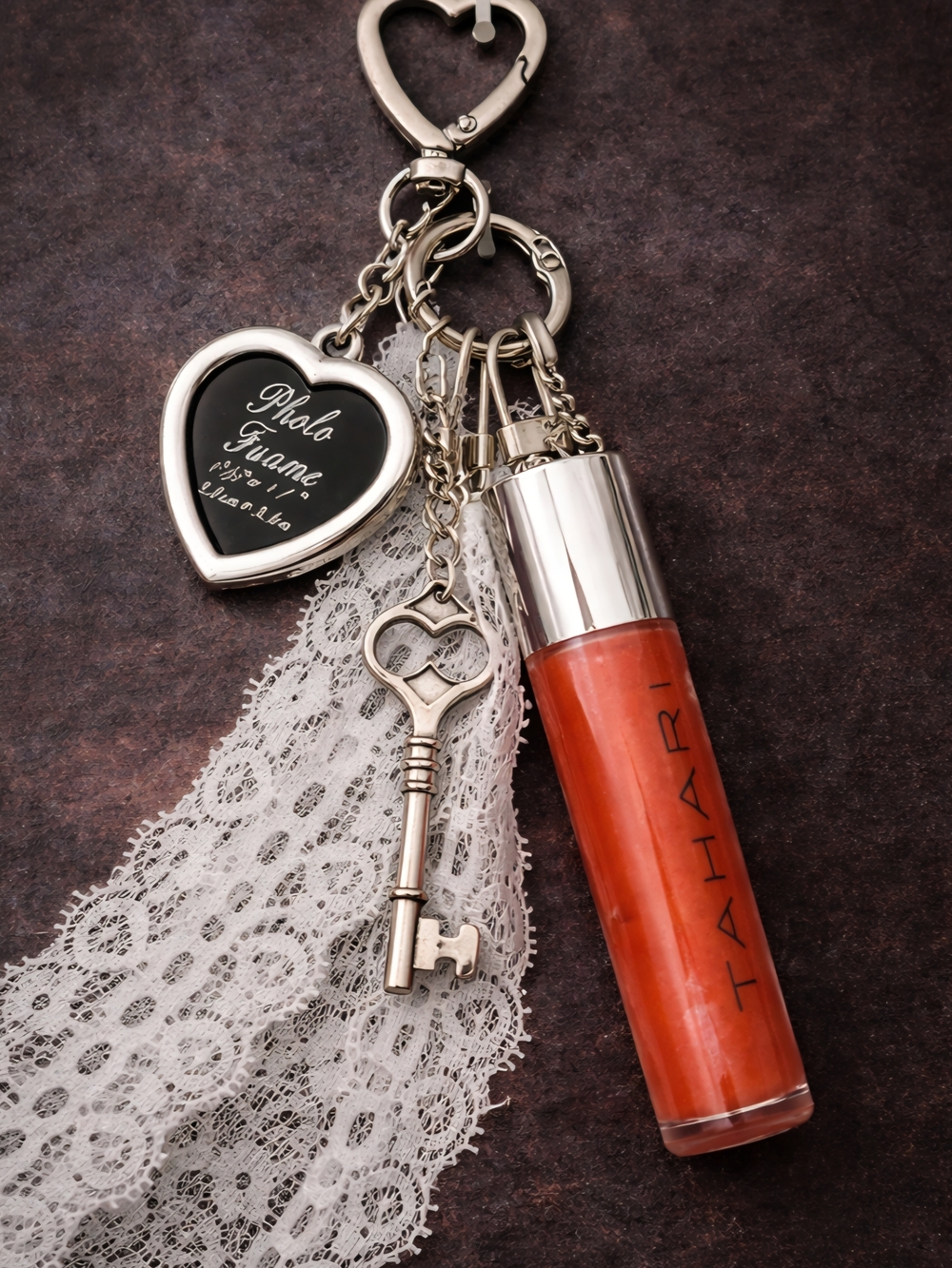 Tahari Glossy Lip Charm Keychain in Coral